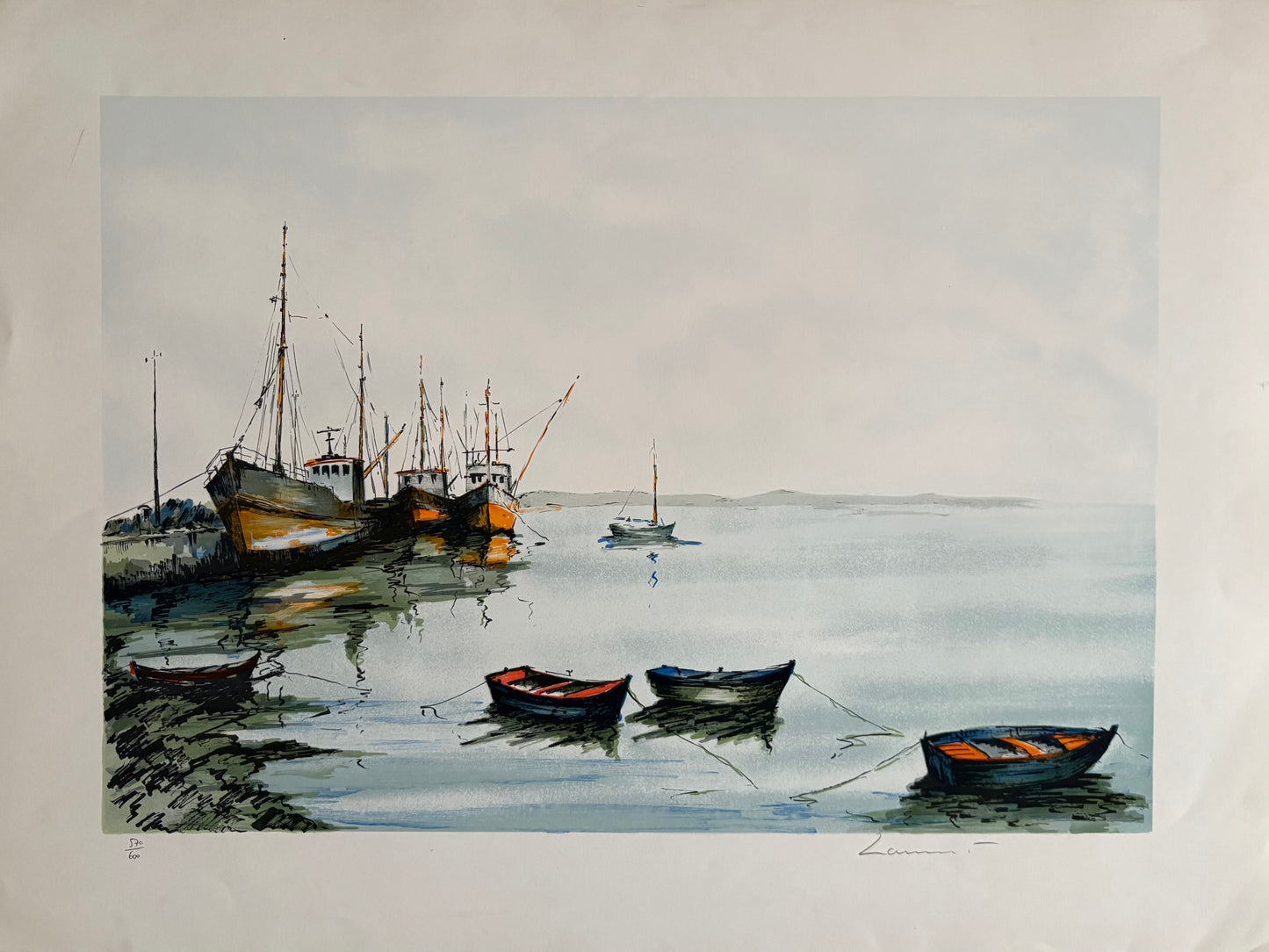unframed artwork print depicting several boats, including lobster boats, anchored in calm waters with a misty horizon.