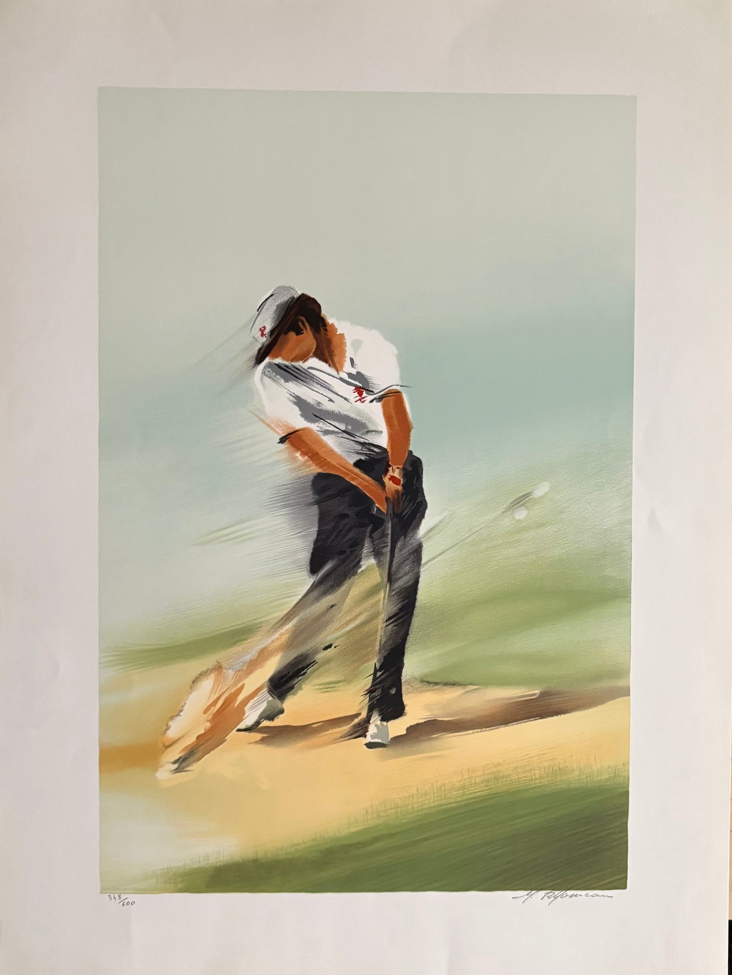 Unframed artwork depicting a golfer in mid-swing, with a predominantly green, blue, and brown color palette.
