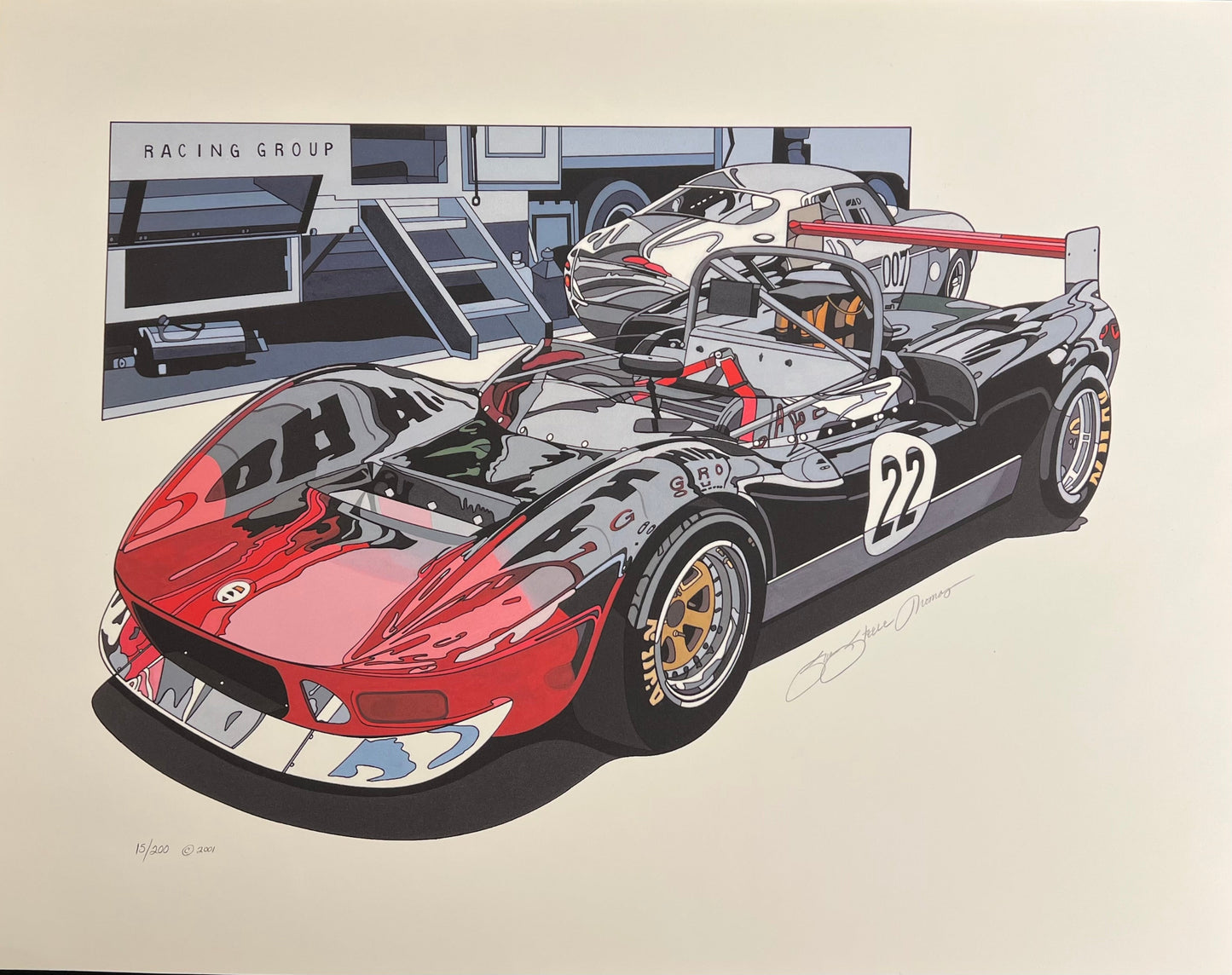 Illustration of a race car with the number 22 in a garage setting