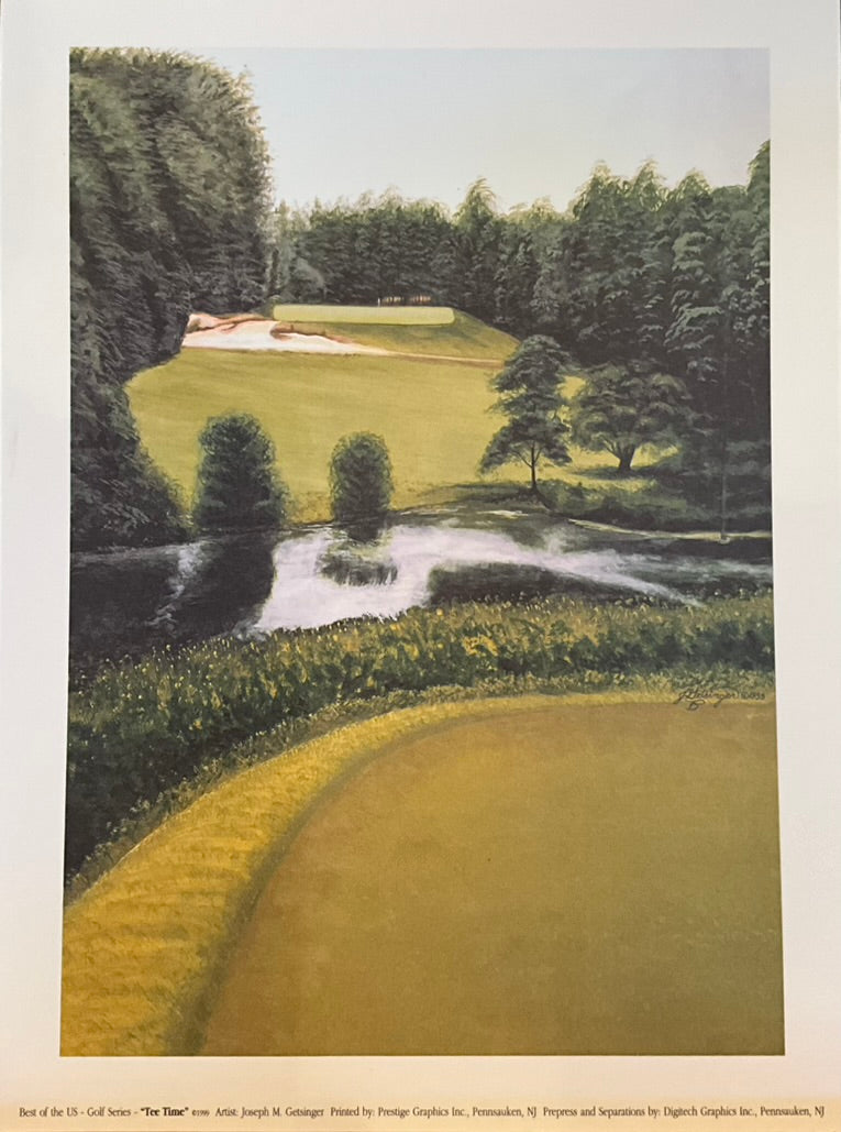 Unframed and matted print featuring a green golf course with a tree in the foreground, a river, and a golf hole in the background.