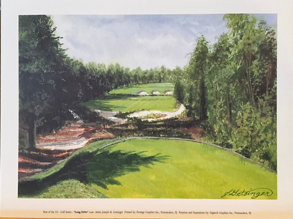 Unframed and matted print featuring a green golf course with a tree in the foreground, a river, and a golf hole in the background.
