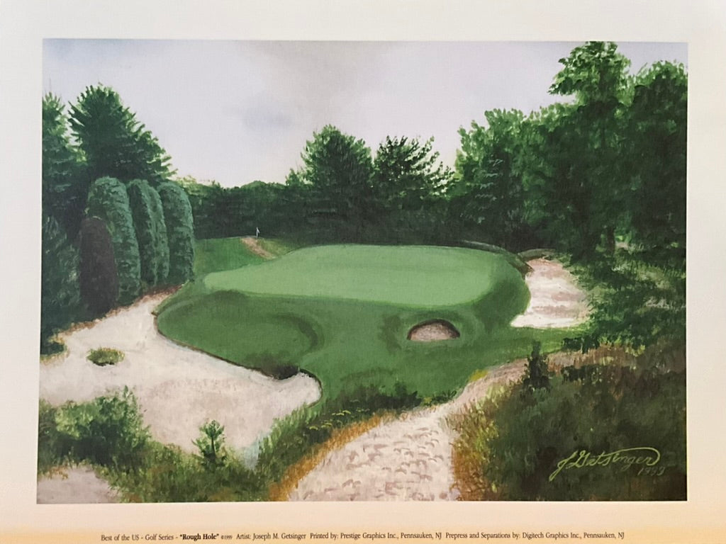 Unframed and matted print featuring a green golf hole with a rough texture in a natural outdoor setting, labeled as 'Rough Hole' by Joseph Getsinger.