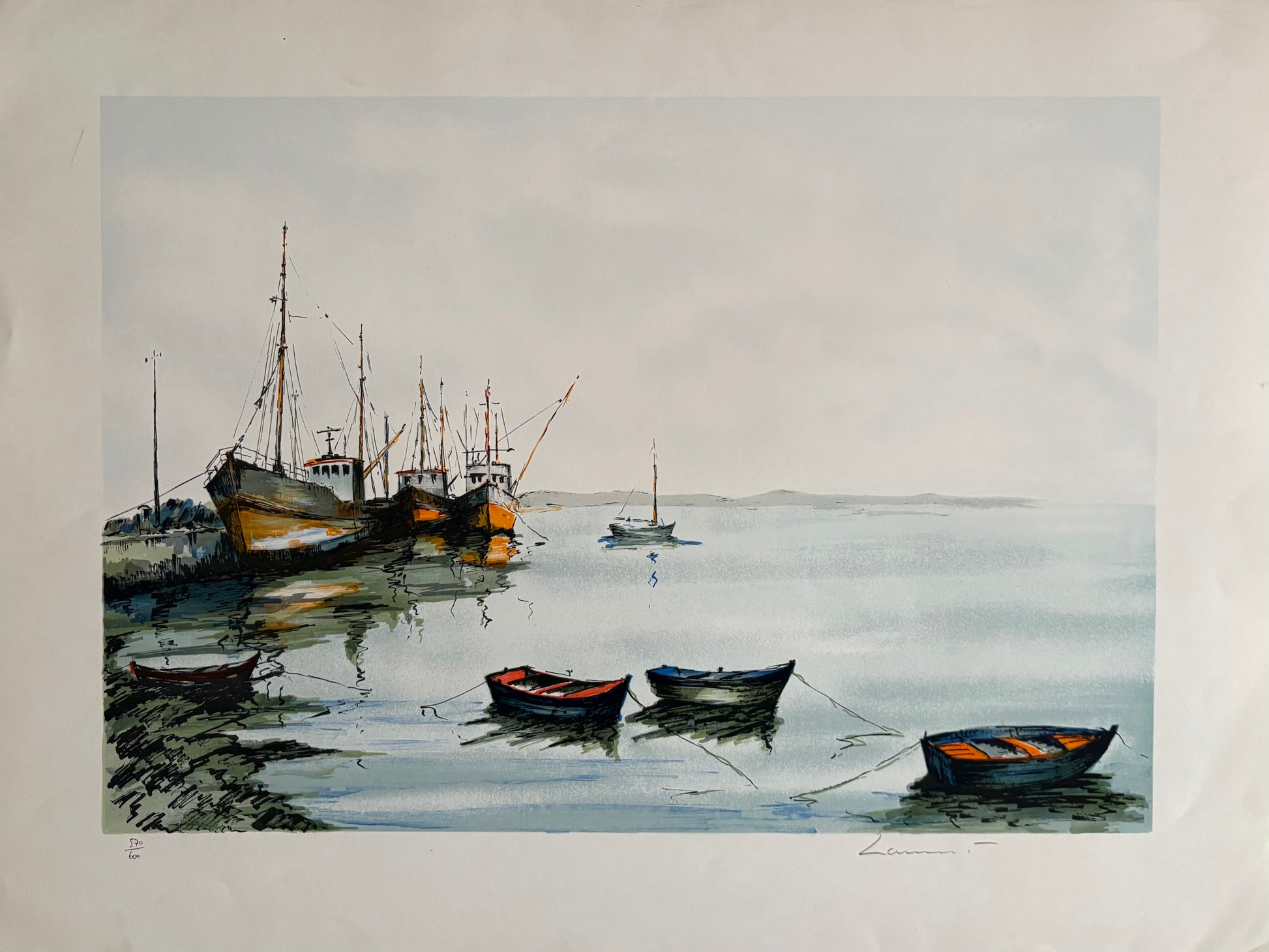 unframed artwork print depicting several boats, including lobster boats, anchored in calm waters with a misty horizon.