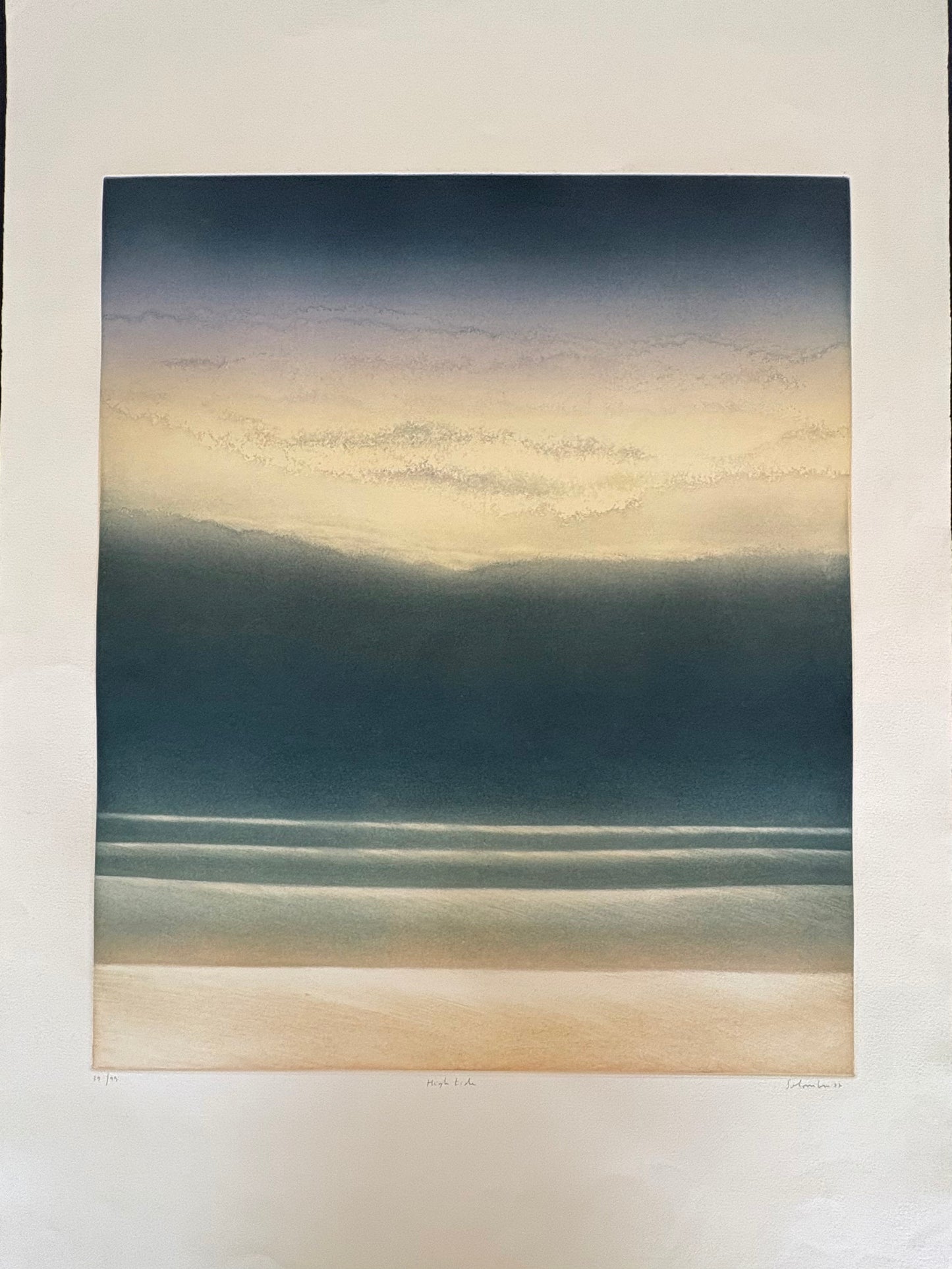 Unframed etching and aquatint on paper by Jean Solombre titled 'High Tide, 1987' depicting a serene beach scene with calm waters and a muted color palette.
Jean Solombre, High Tide, Etching with Aquatint, Signed Etching, 1987 Art Print, Limited Edition Print, French Artist, Coastal Art, Aquatint Print, Hand Numbered Art, Contemporary Etching, Fine Art Paper, Titled Print, Solombre 1987