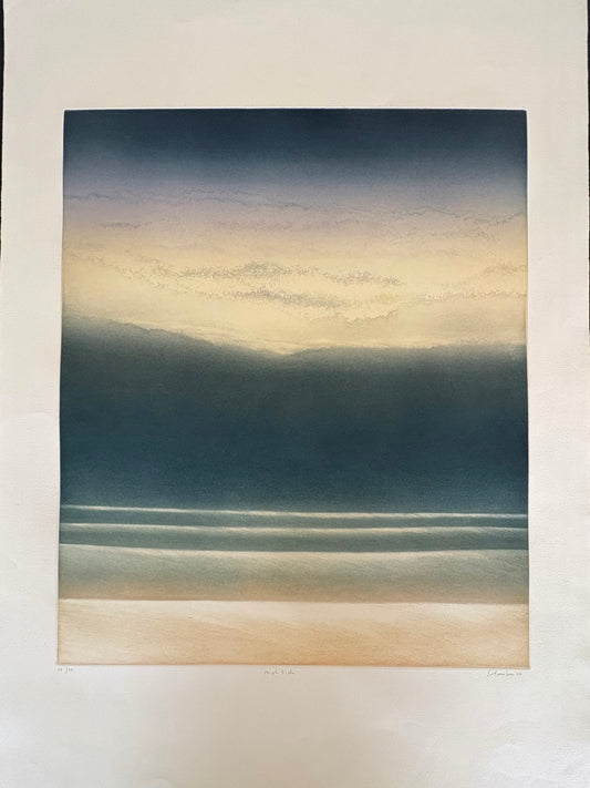 Unframed etching and aquatint on paper by Jean Solombre titled 'High Tide, 1987' depicting a serene beach scene with calm waters and a muted color palette.
Jean Solombre, High Tide, Etching with Aquatint, Signed Etching, 1987 Art Print, Limited Edition Print, French Artist, Coastal Art, Aquatint Print, Hand Numbered Art, Contemporary Etching, Fine Art Paper, Titled Print, Solombre 1987