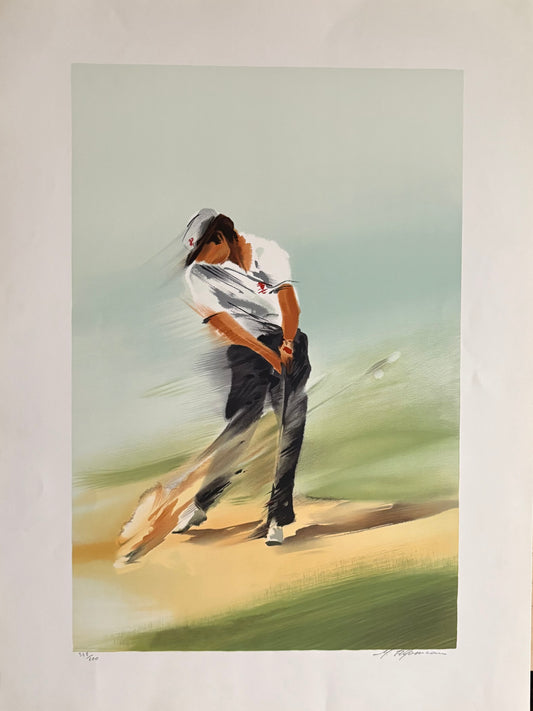 Unframed artwork depicting a golfer in mid-swing, with a predominantly green, blue, and brown color palette.