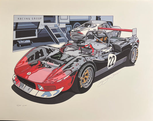 Illustration of a race car with the number 22 in a garage setting