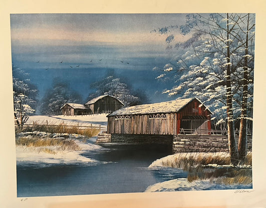 "Snowy Bridge Pass to Barn"