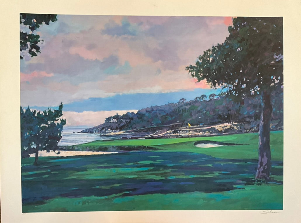 A painting depicting the 18th hole at Pebble Beach golf course with a scenic landscape and ocean backdrop.