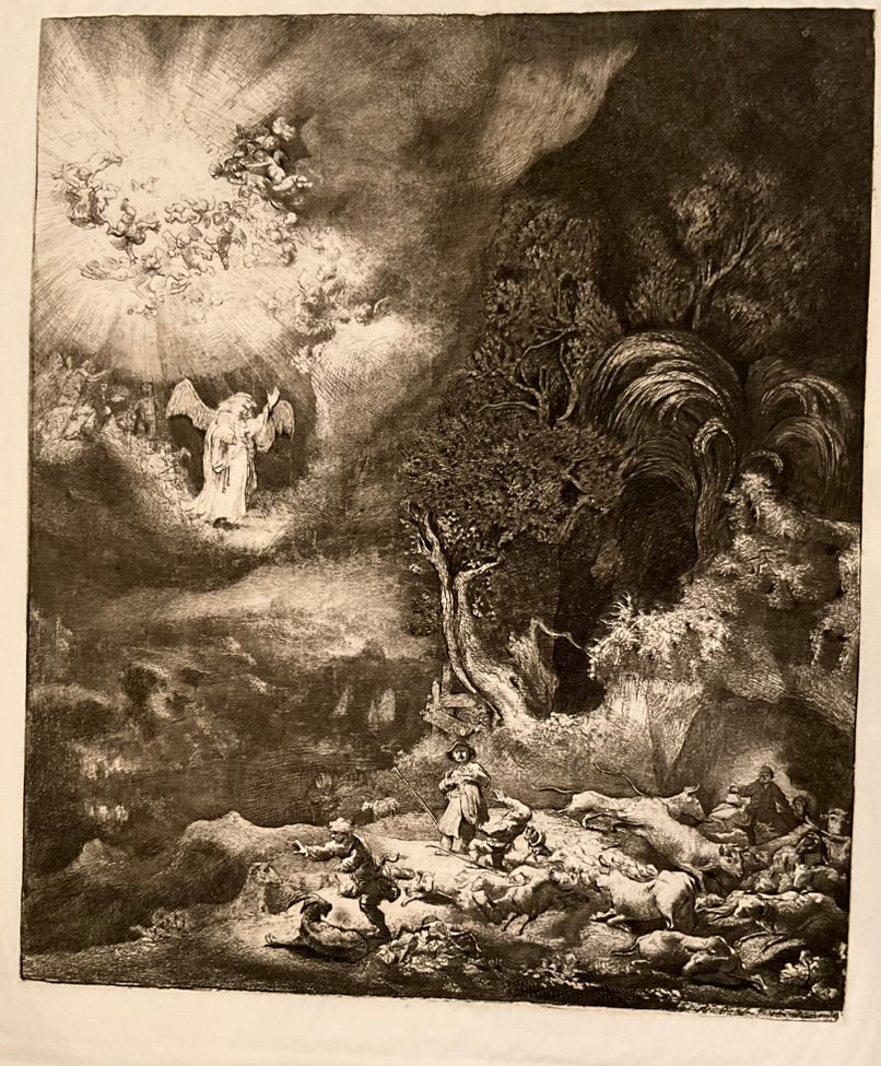 Rembrandt tissue etching titled "The Angel Appearing to the Shepherds" — 17th-century Biblical scene featuring angel, shepherds, animals, and landscape; 9" x 10.5" unframed artwork with cardboard frame
